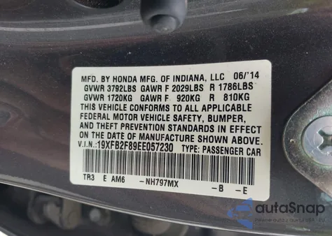 2014 Honda Civic Ex z USA, uszkodzony, nr VIN 19XFB2F89EE057230
